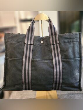 Hermes Black Canvas Duffel with Striped Webbing Handles